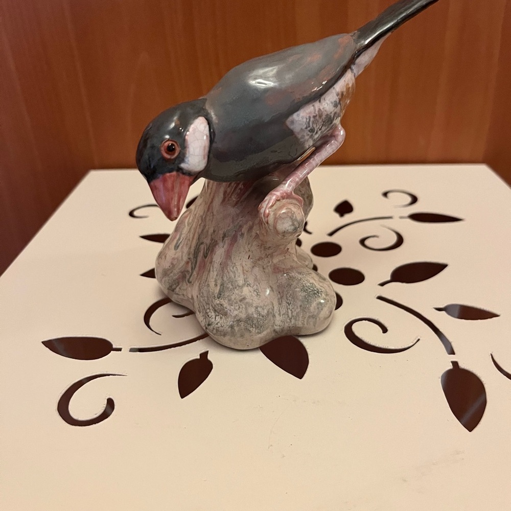 Glazed Ceramic Bird Figurine in Gray, White and Pink Accent. Java sparrow